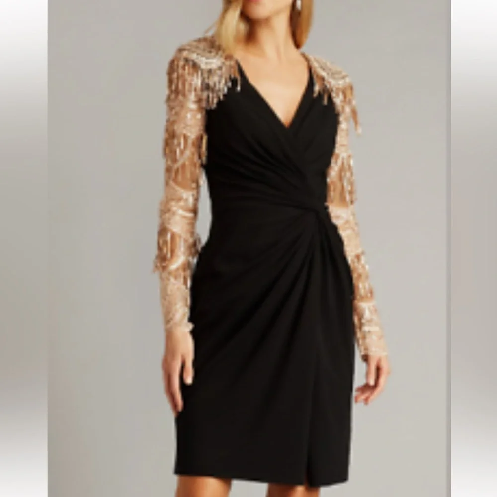 TADASHI SHOJI Women's Alvin Sequin Fringe Statement Sleeves Ruched Black Dress S